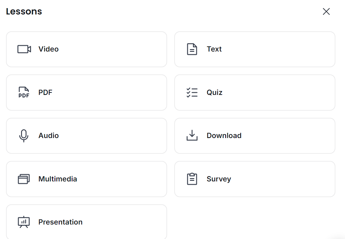 Thinkific's supported content formates including video, text, PDF, Quiz, Audio, Downloads, Multimedia, Surveys and Presentations